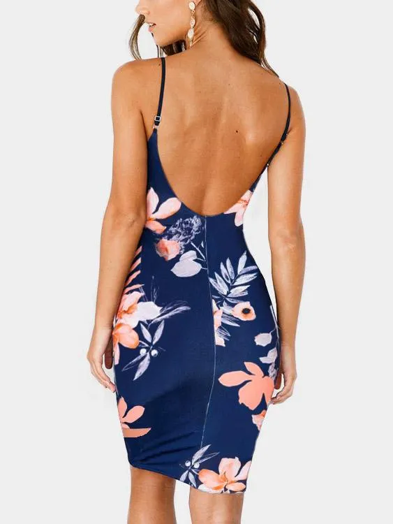 Wholesale Navy Halter Sleeveless V-Neck Floral Print Backless Sexy Dresses