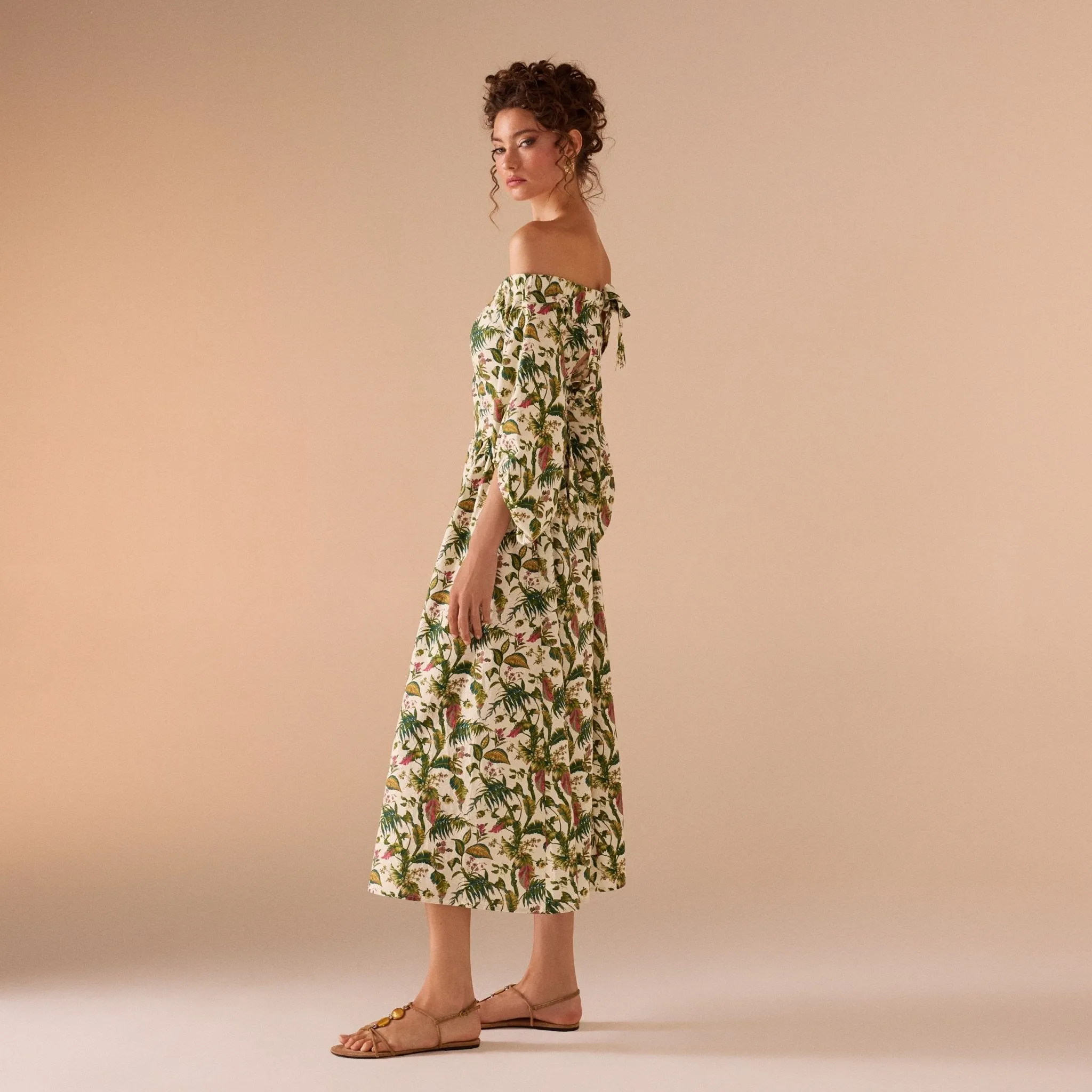 Yellow Off Shoulder Printed Midi Dress