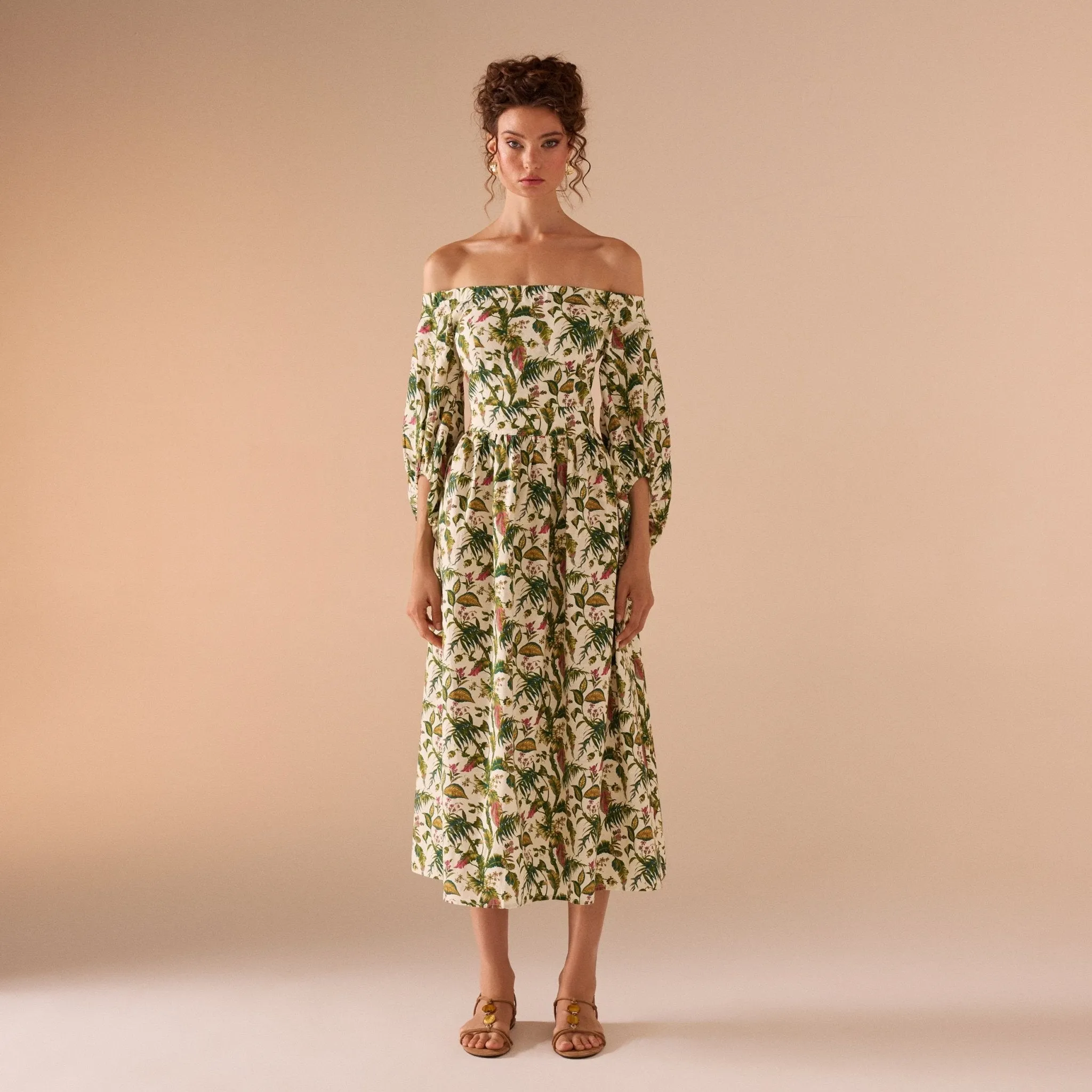 Yellow Off Shoulder Printed Midi Dress