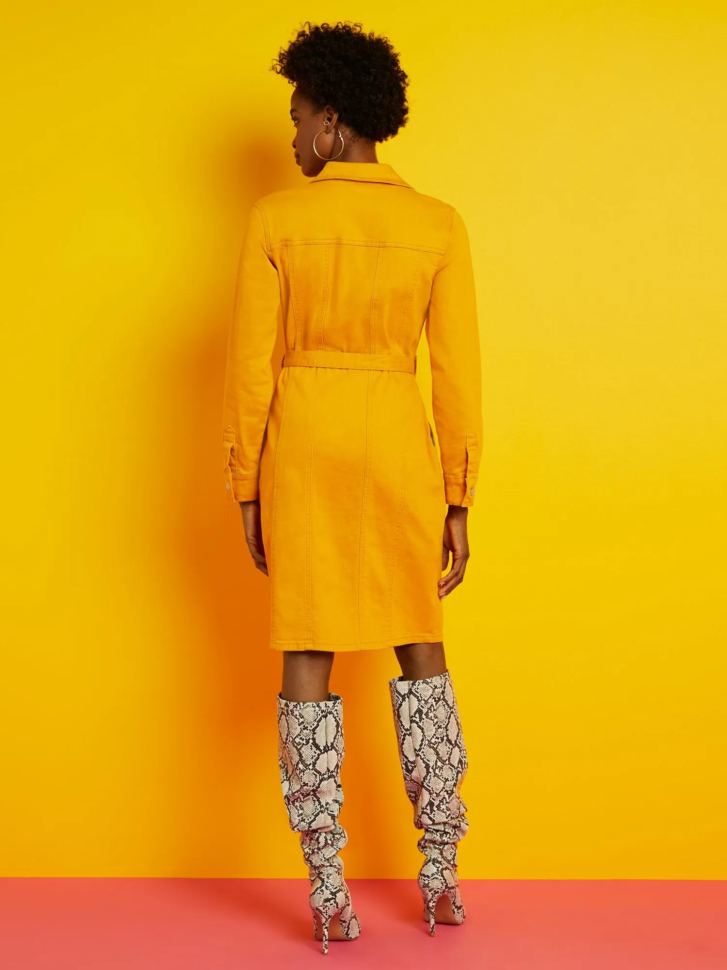 Zip-Front Denim Dress - Gold
