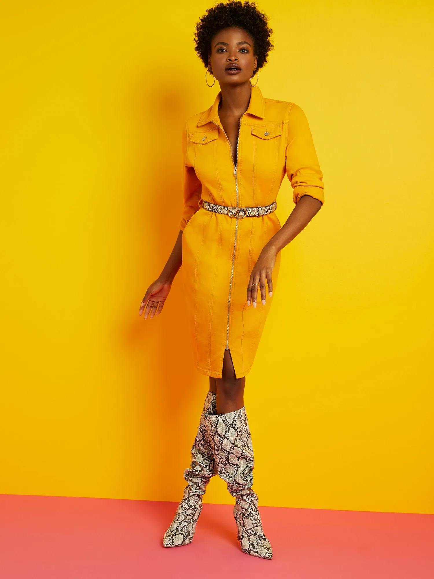 Zip-Front Denim Dress - Gold